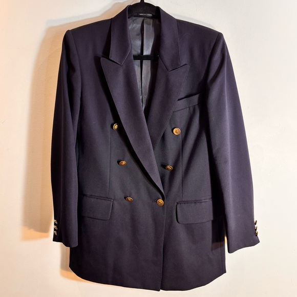 AQUASCUTUM Sz 6 Double-Breasted Blazer with Gold Buttons Shoulder Pads 100% Wool - Picture 2 of 14